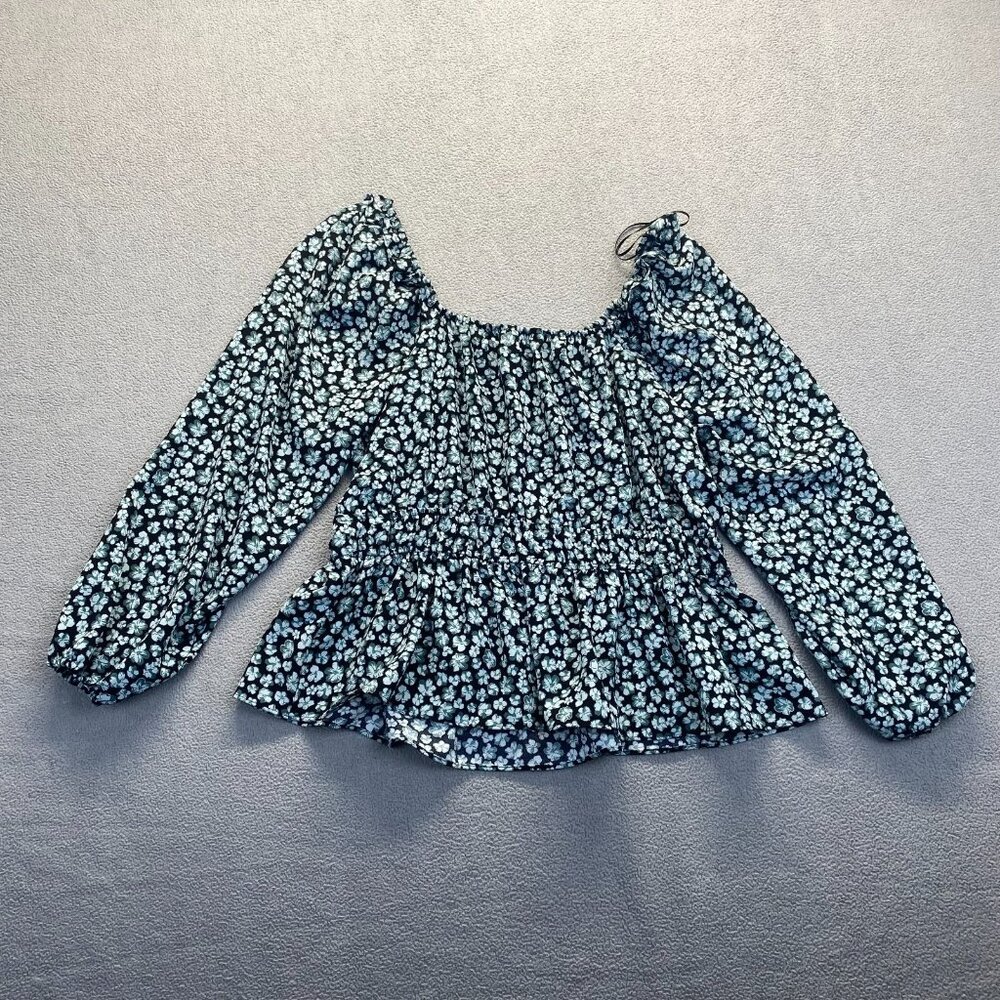NINE WEST Fashion Top Size XL Long Sleeves Square Neck Peplum Blouse Black/Green - Picture 5 of 9
